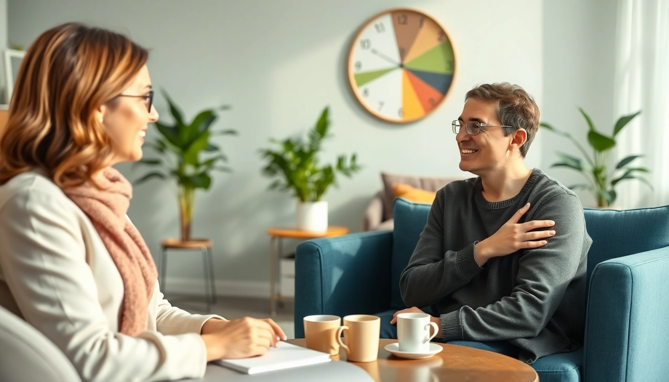 Therapist discussing anxiety symptoms with a patient in a supportive environment.