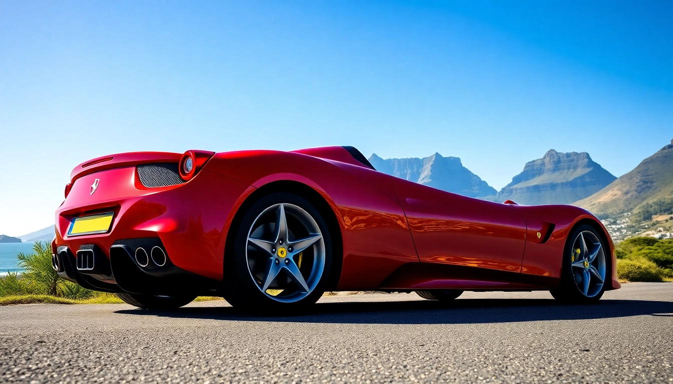 Ferrari for sale Cape Town parked on a coastal road with Table Mountain as a backdrop.