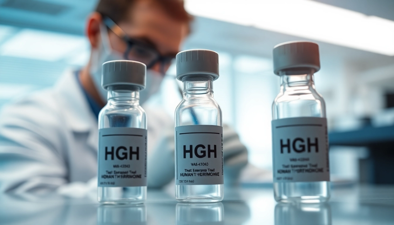 Explore high-quality HGH for sale in a professional laboratory setting with vials and a scientist.