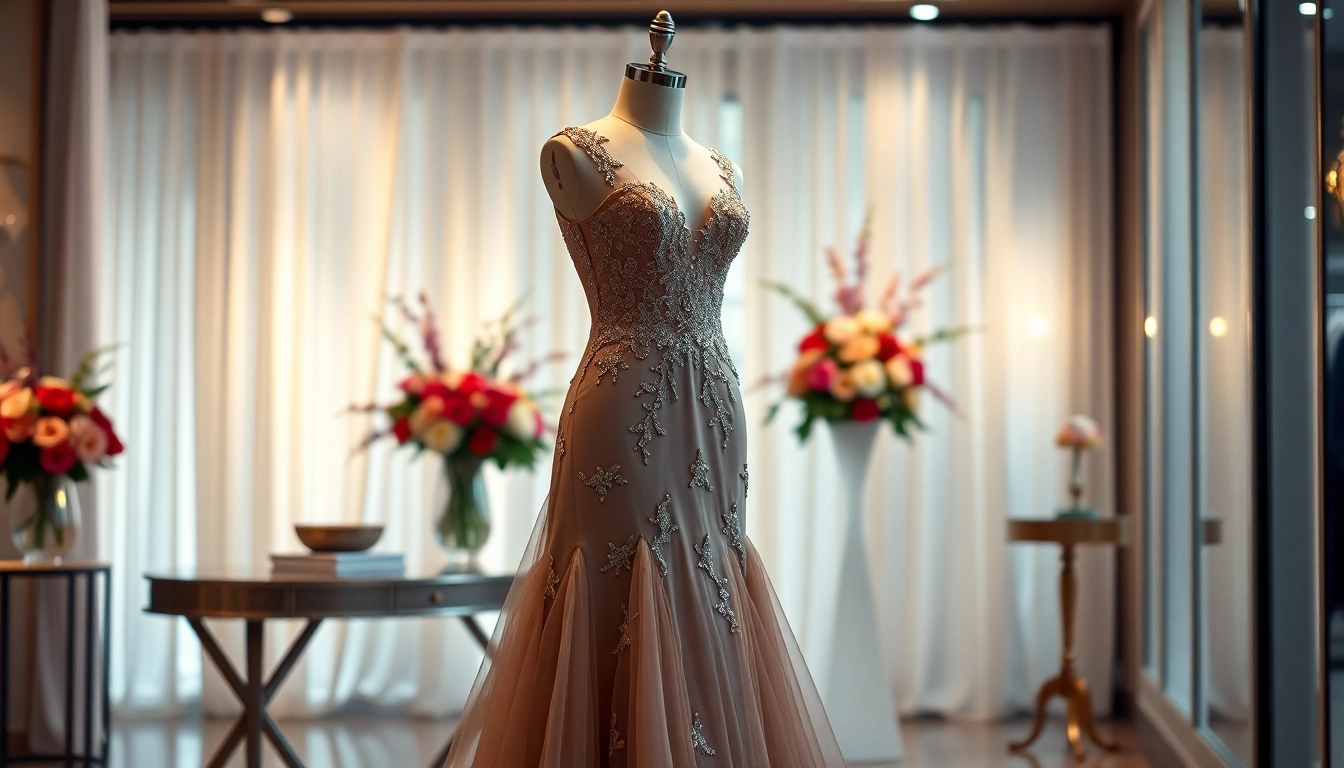 Model showcasing elegant Evening Dresses with intricate details in a luxurious setting.
