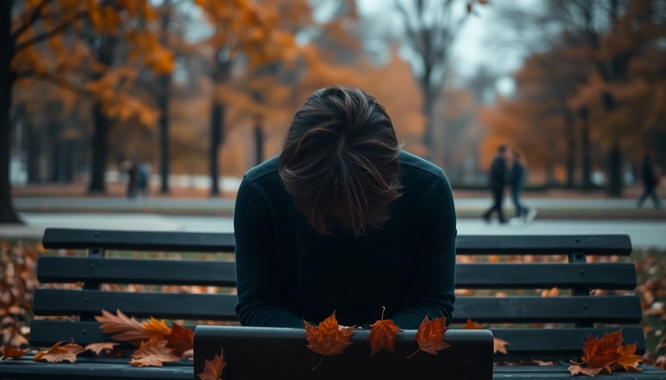 Reflecting on feelings after a relationship breakup, person seated on a bench amidst autumn leaves.