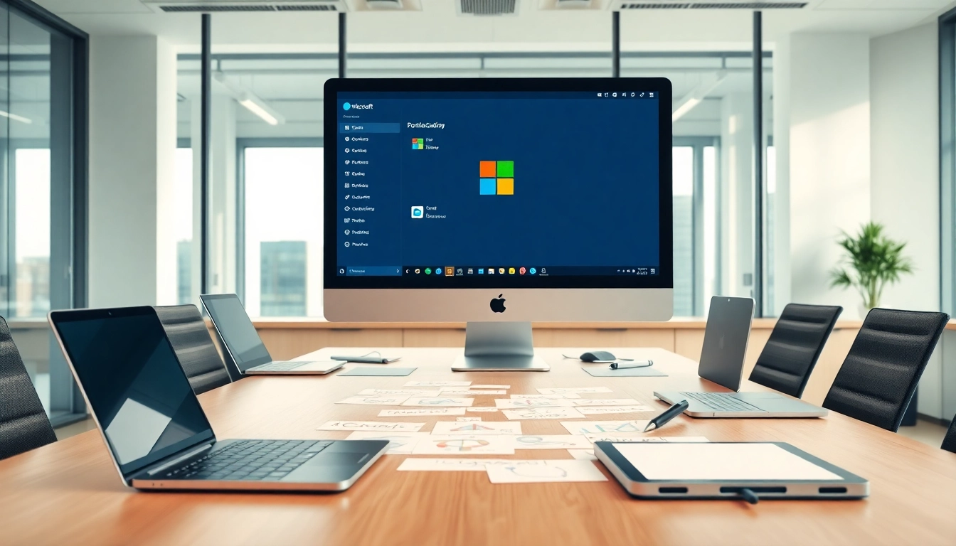 Interaktive Microsoft Software-Umgebung in einem modernen Büroraum präsentieren.