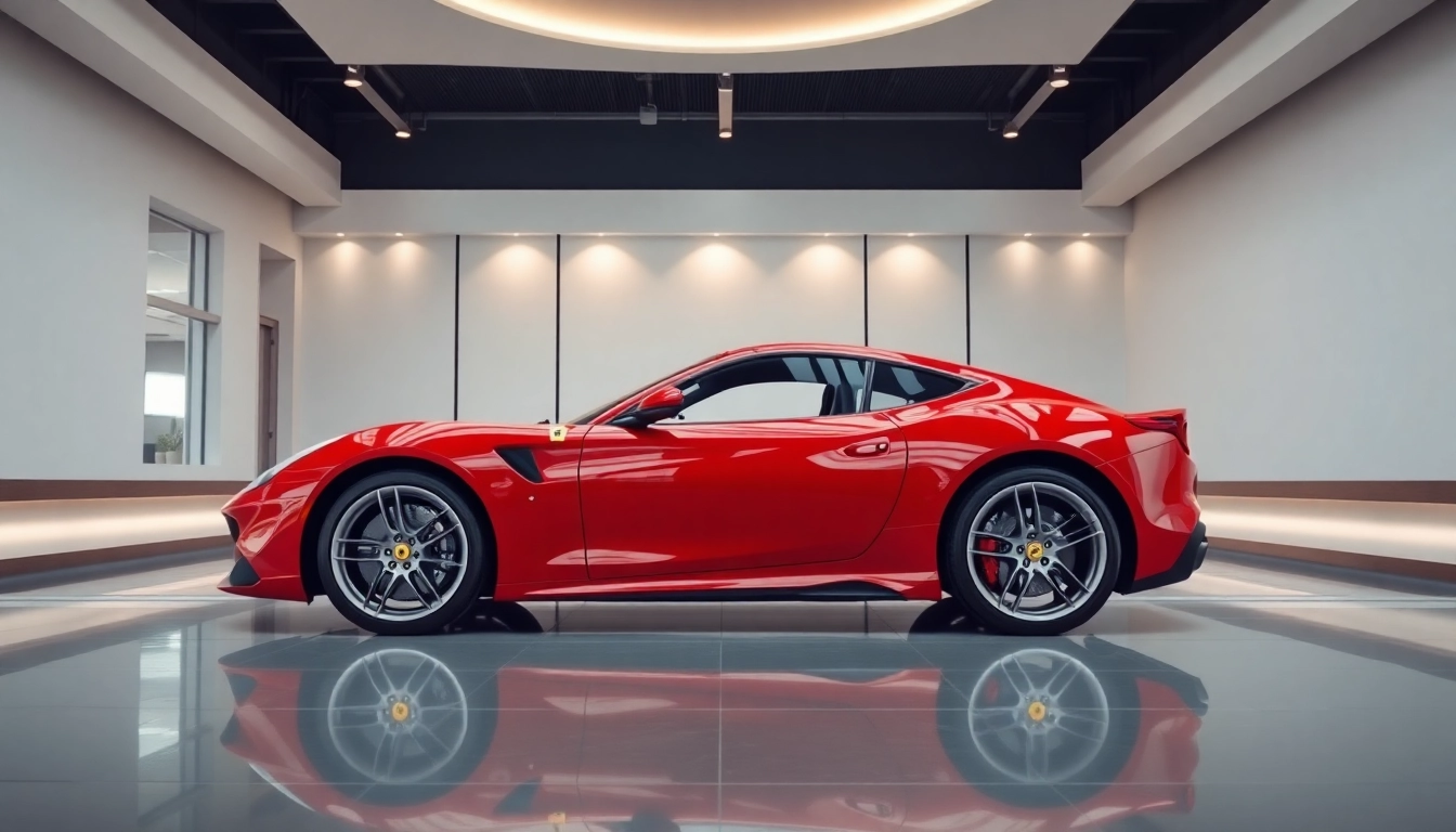 Buy used Ferrari in Gauteng displayed in a luxurious showroom highlighting its sleek design.