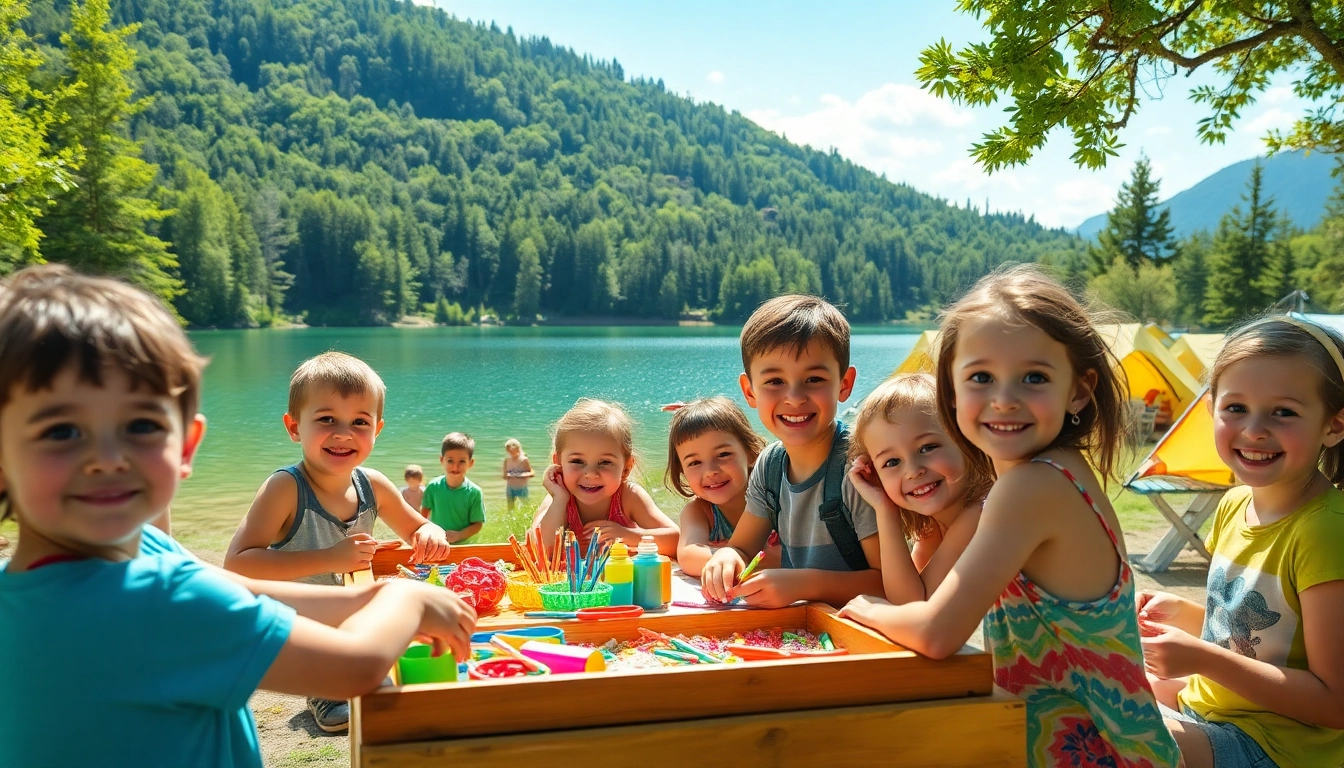 Children enjoying holiday camps with vibrant activities and a lively outdoor setting.