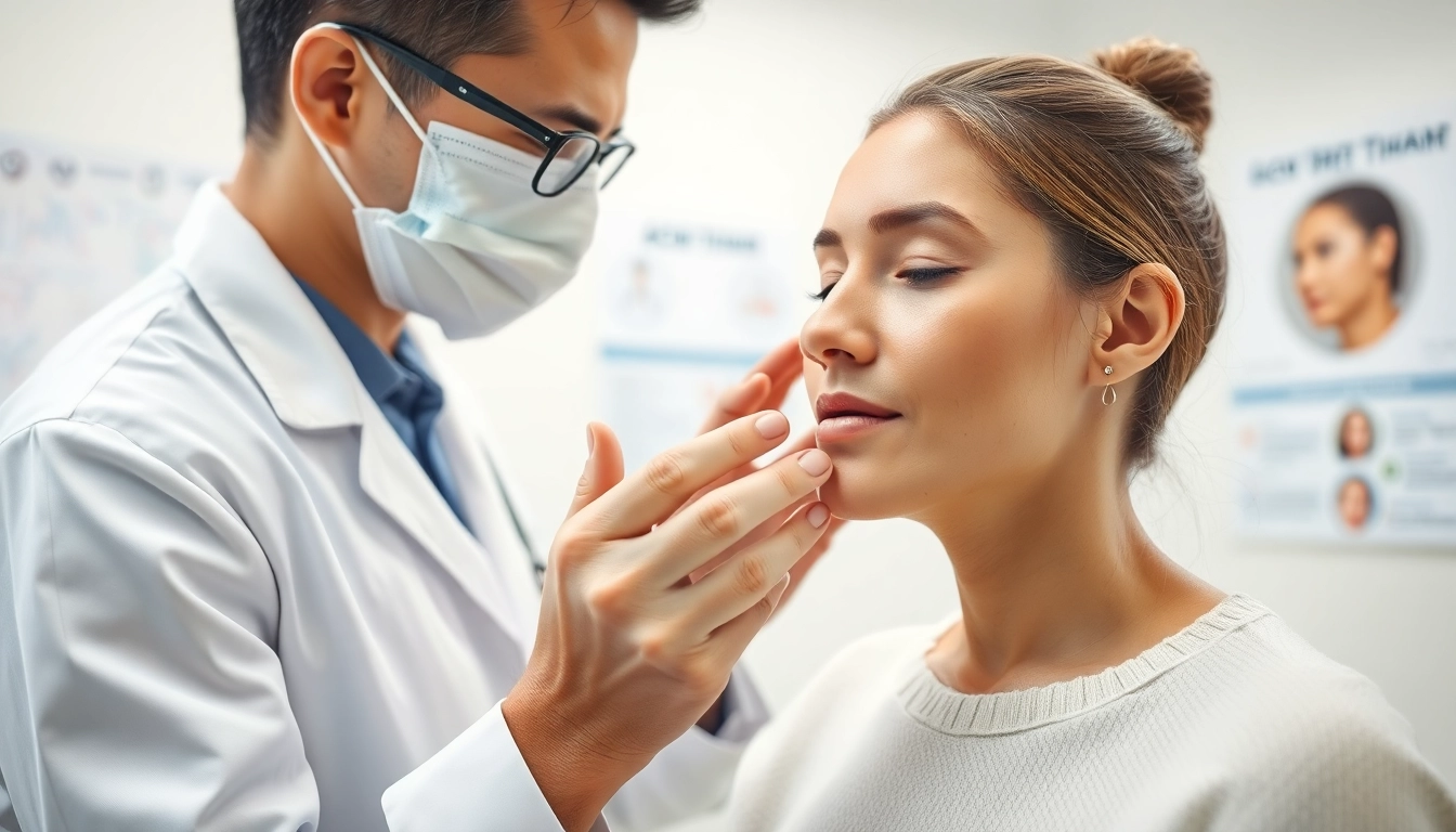 Examine skin for effective Acne Treatment in a professional dermatology clinic.