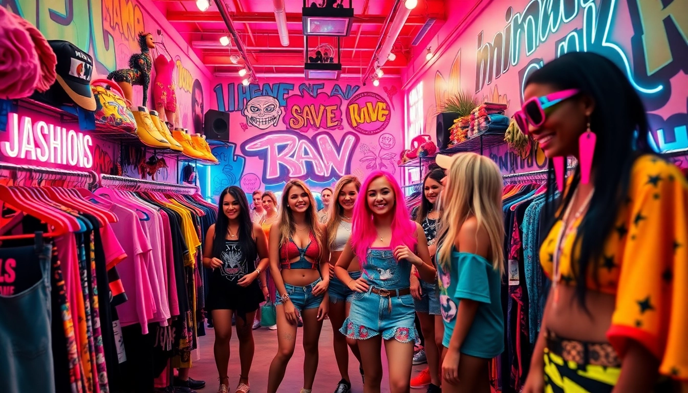 Shop unique outfits at the rave store miami, showcasing lively colors and vibrant styles in an energetic atmosphere.