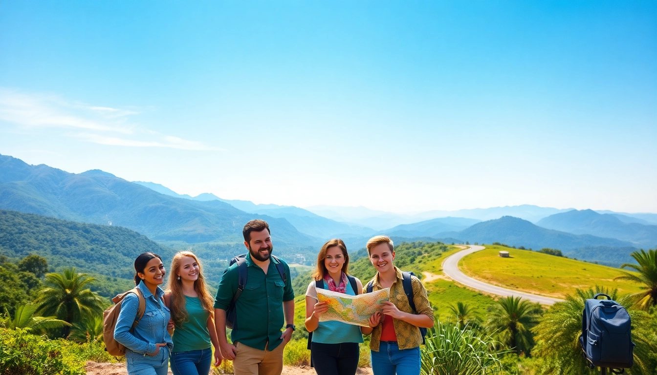 Engaging group on a travel trip, examining a map against a beautiful landscape.