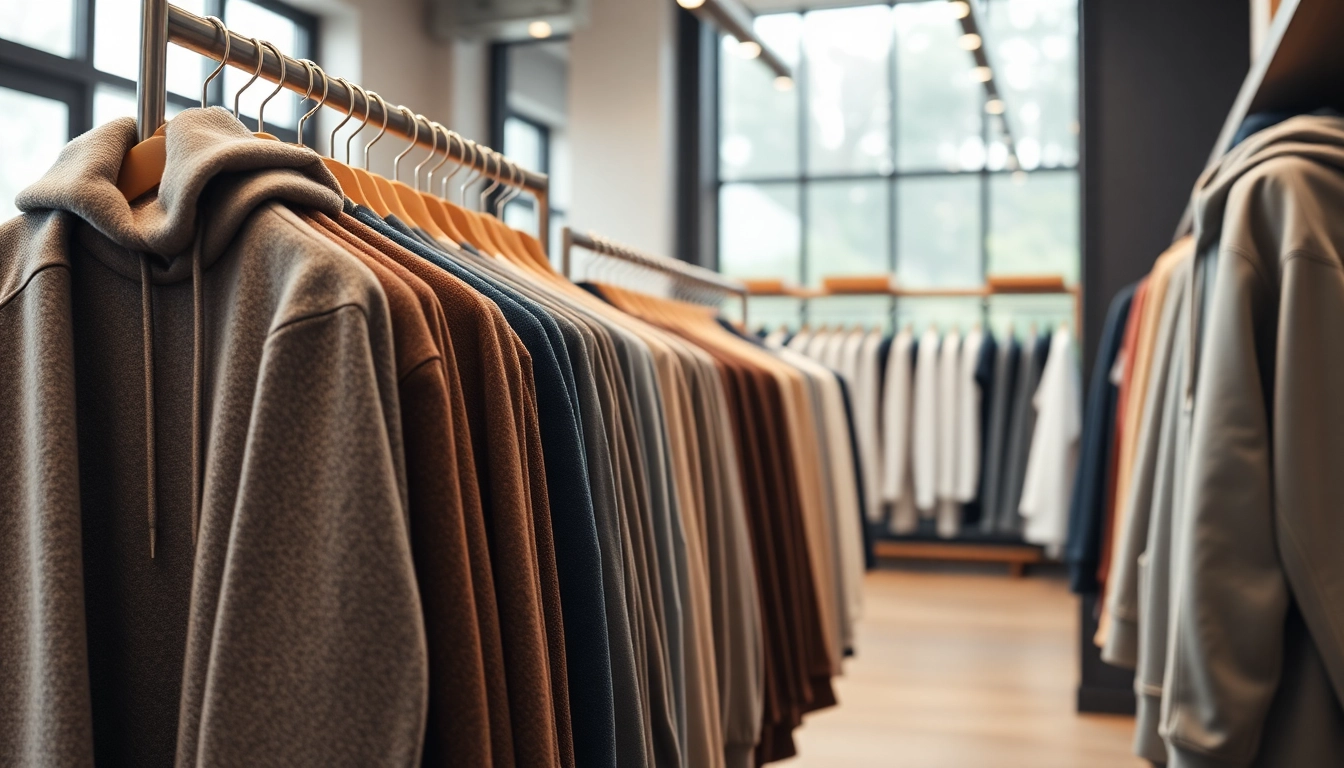 Shop vibrant blank hoodies in bulk at a stylish indoor clothing store.