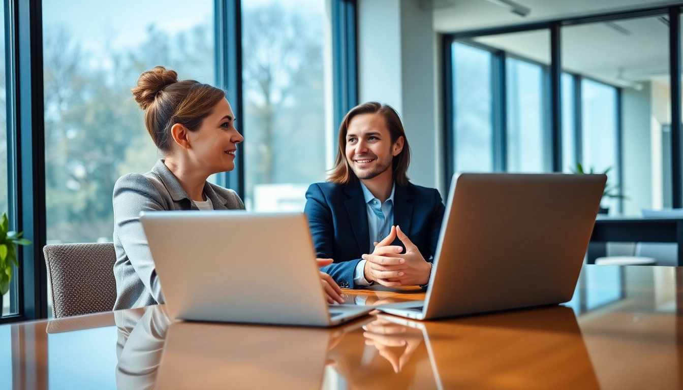 Engaged business coach near me consulting with a client in a bright office environment.