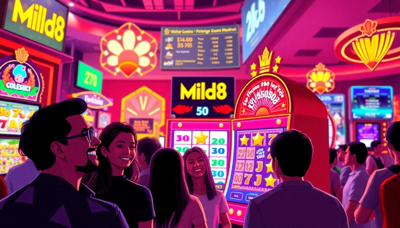 Main feature of mild88 slot with players celebrating wins in a lively environment.