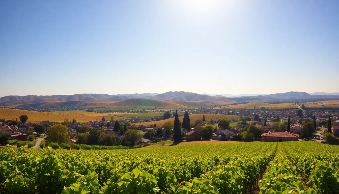 Vibrant vineyards and charming homes in Clarksburg, CA under a bright sky.