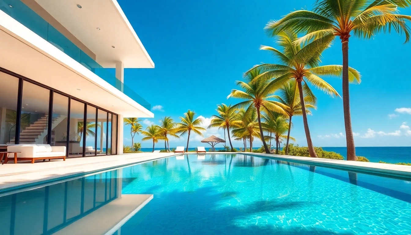 Showcase of real estate international properties against a vibrant coastal backdrop, highlighting luxury and elegance.
