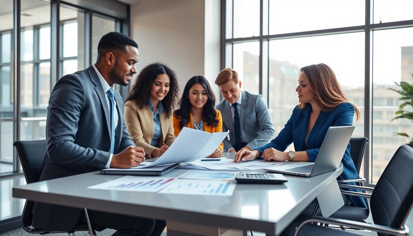 Accountants near me collaborating in a modern office space, with financial documents on a conference table.
