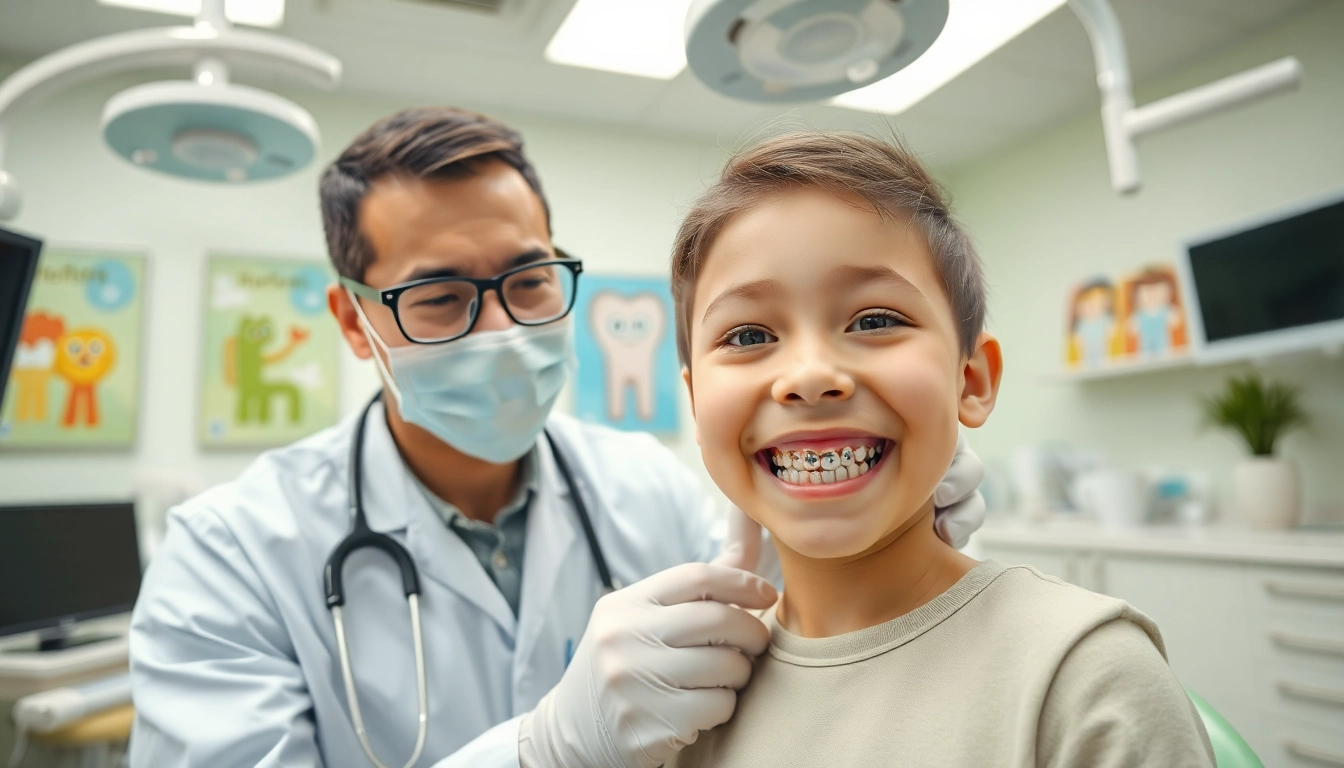 Child with braces Myrtle Beach smiling during orthodontist consultation in modern dental office.