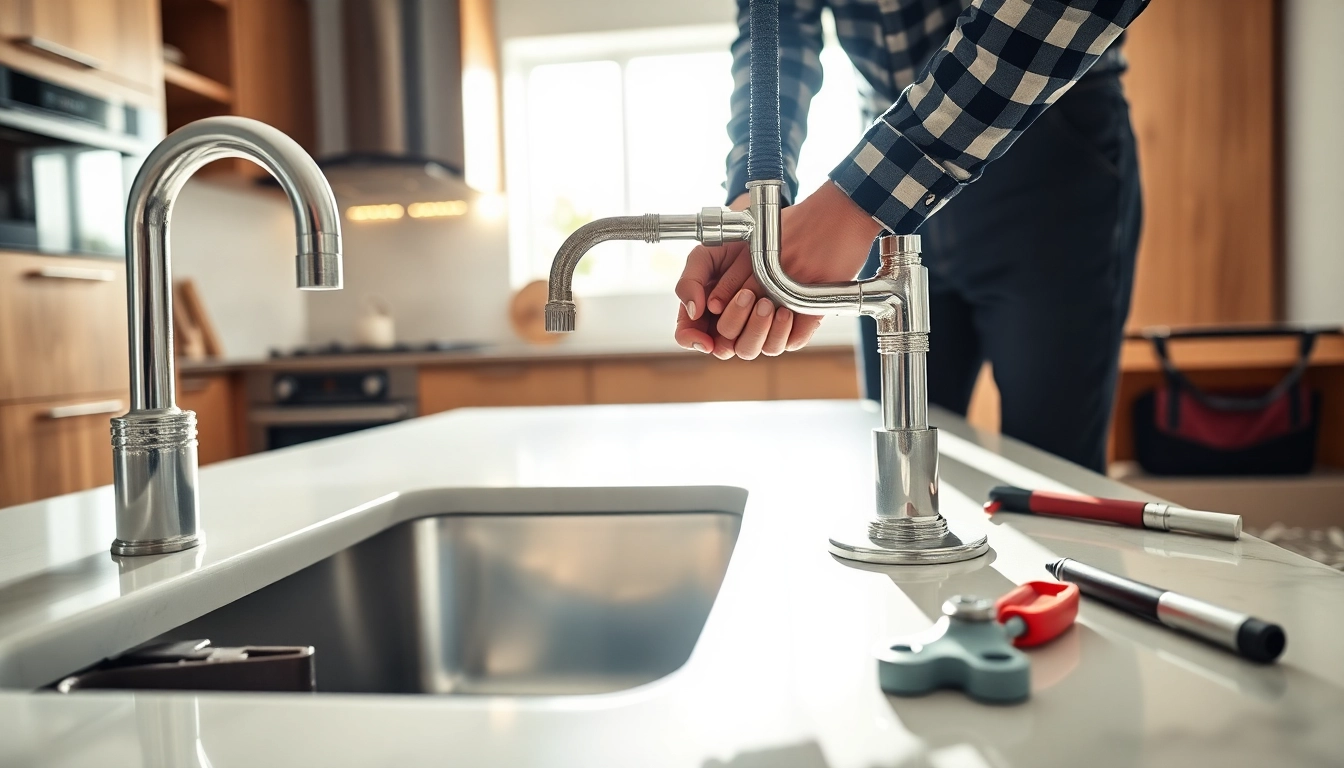 Plumbing installation by a professional in a modern kitchen showcasing shiny fixtures and tools.