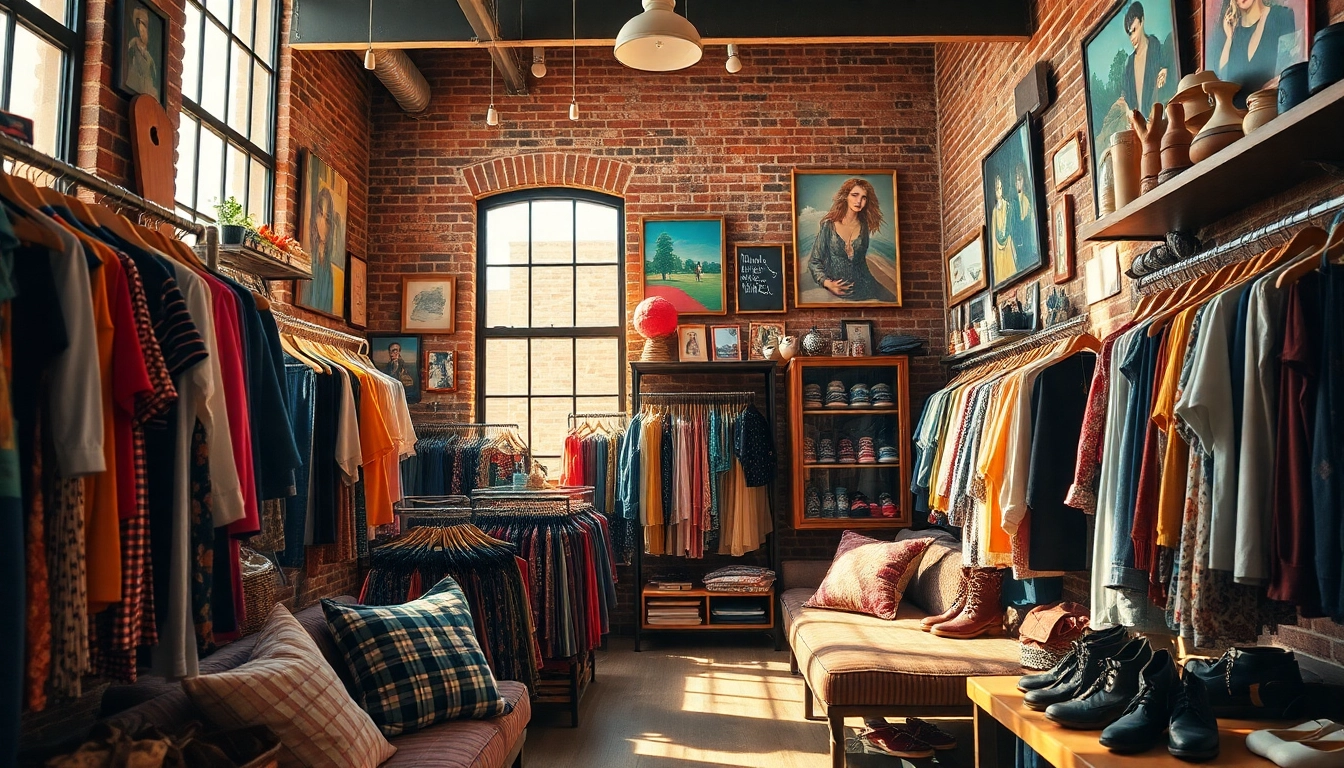 Browse eclectic clothing and accessories at a vibrant thrift store.