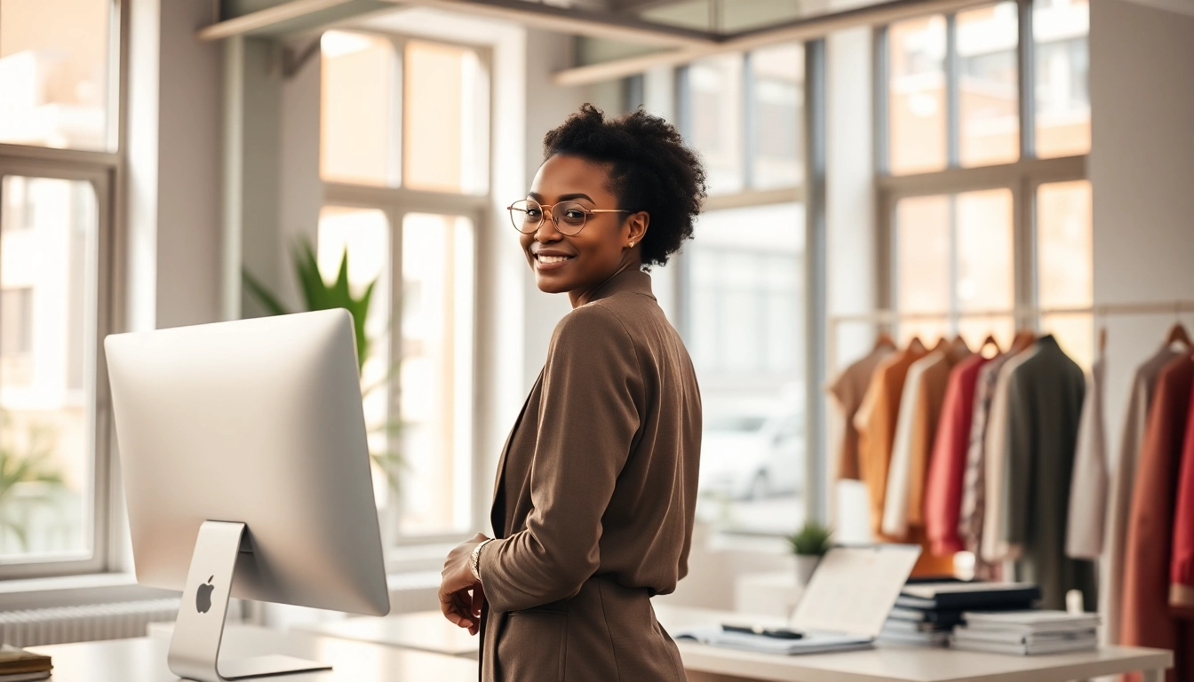 Crafting unique outfits with an AI stylist in a modern workspace filled with stylish decor.