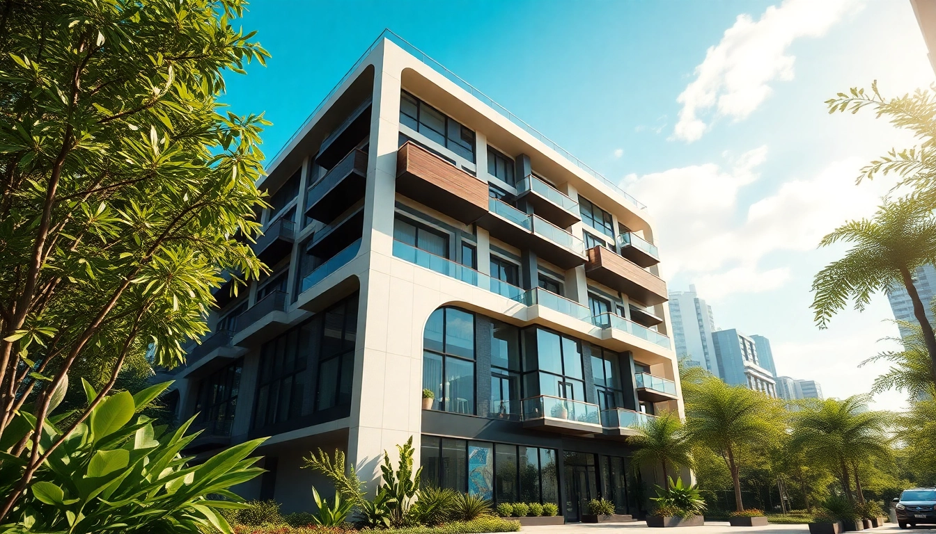 Architekturvisualisierung zeigt moderne Wohngebäude in aufwendiger urbaner Umgebung.