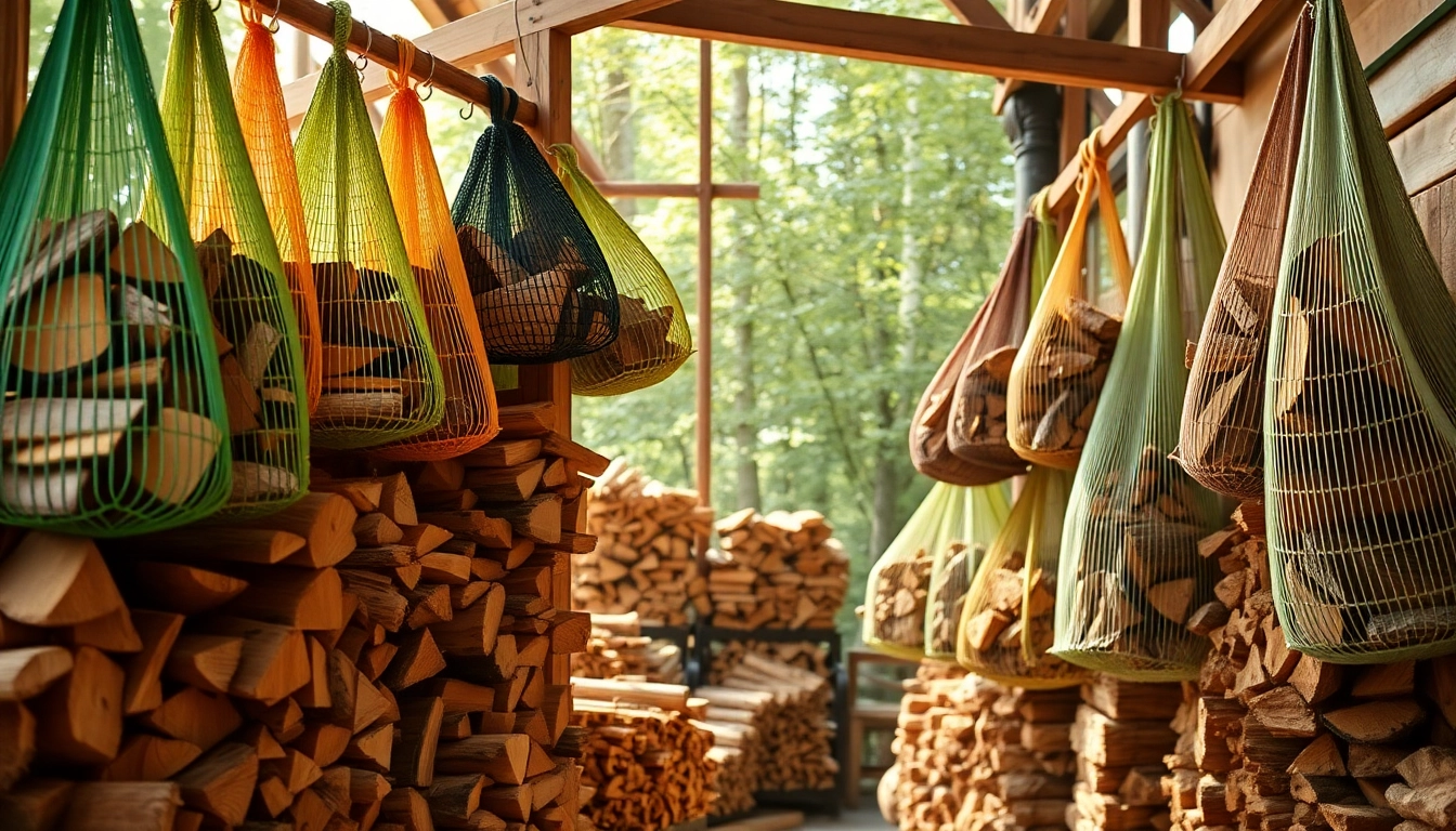 Showcase of firewood mesh bags Europe filled with kindling, displayed in a natural outdoor setting.