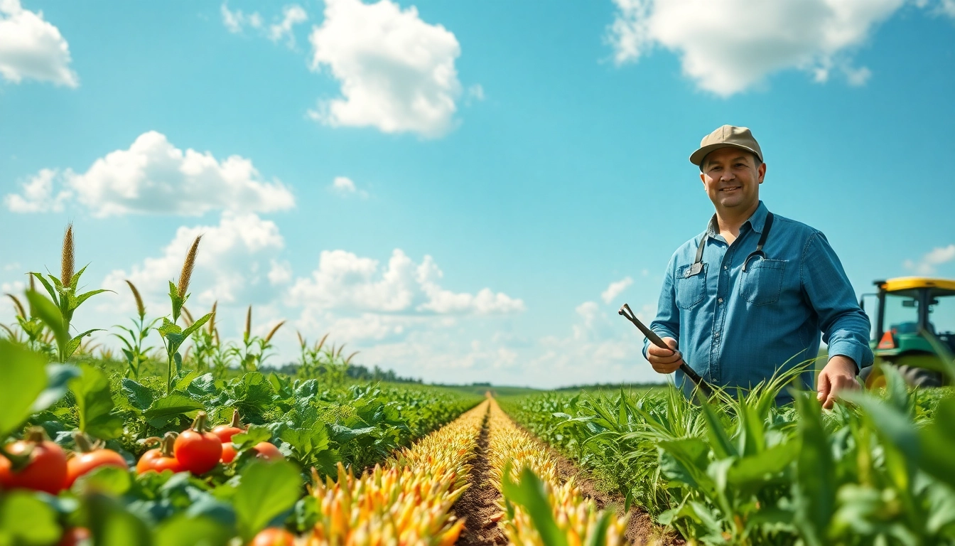 A farmer discussing agricultural law in a lush crop field illustrating sustainable agriculture practices.