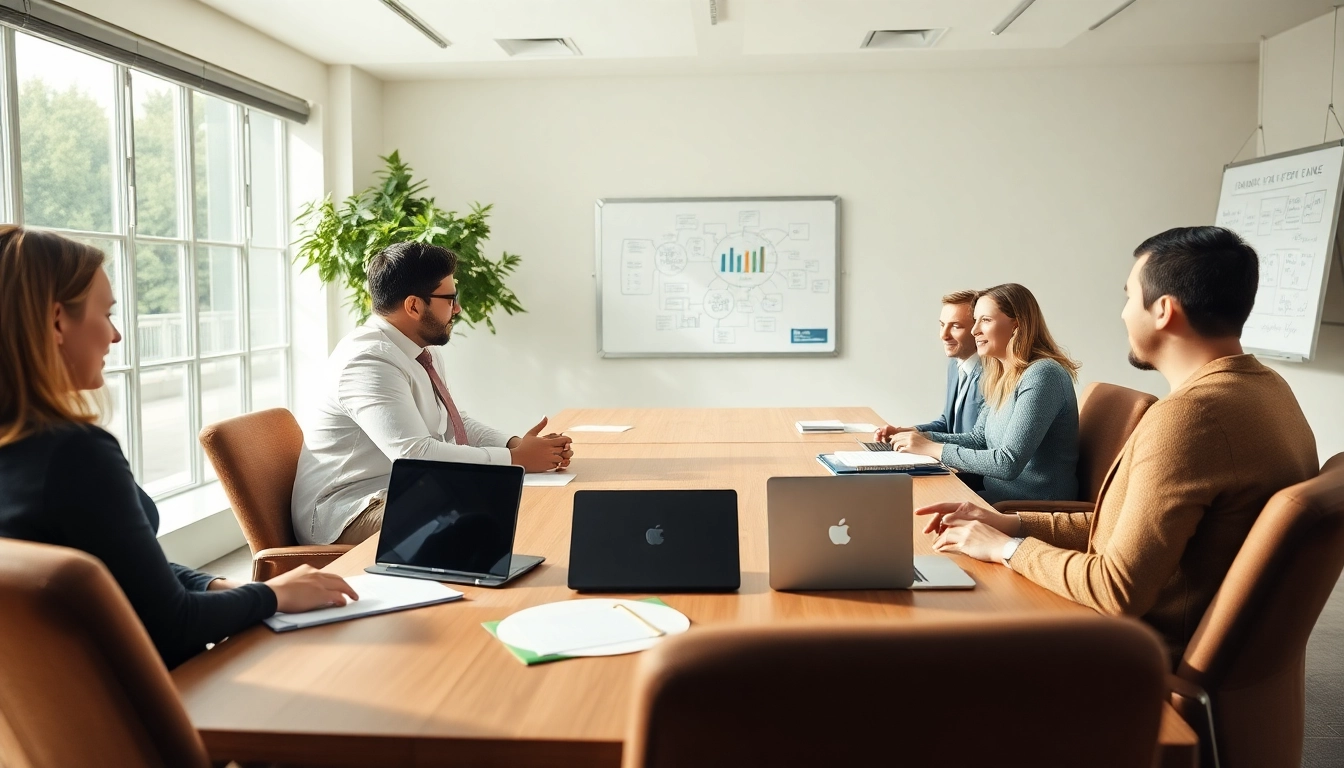 Showcasing a legal marketing team collaborating on strategies in a modern office environment.