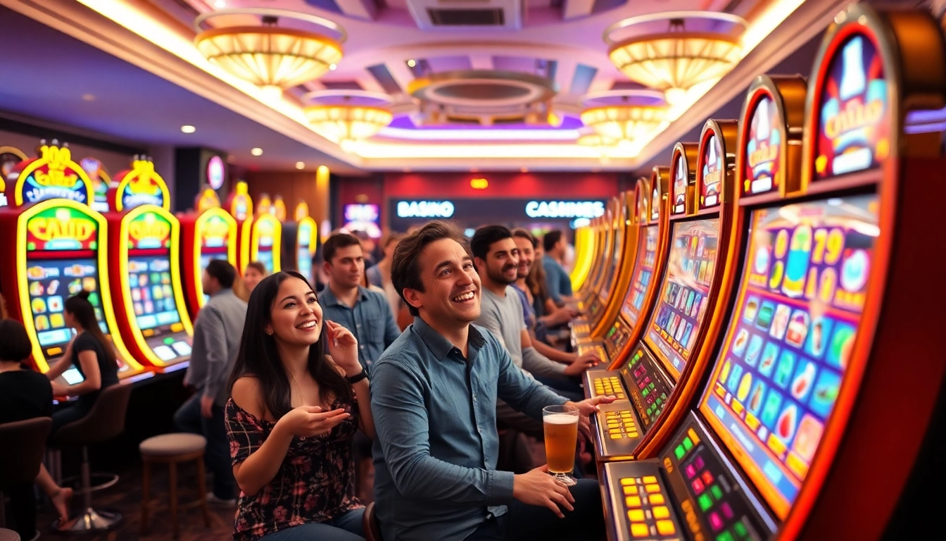 Experience the thrill of filbet with vibrant slot machines and excited players in a lively casino.